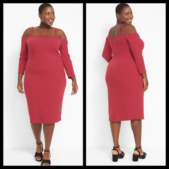 26/28 Lane Bryant Red Ribbed Bodycon Dress Cold Shoulder Date Nght Fitted Scoop - Picture 1 of 6